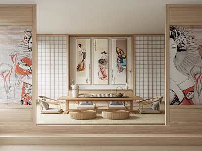 Traditional Japanese Tea Room Interior Design With Wooden Table Cushions And Hanging Paintings 3d model