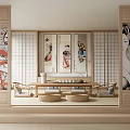 Traditional Japanese Tea Room Interior Design With Wooden Table Cushions And Hanging Paintings