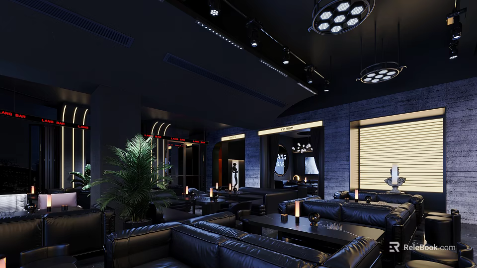 Modern Luxurious Bar Interior Design With Black Leather Sofas Plants And Pendant Lights 3d model