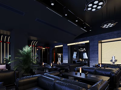 Modern Luxurious Bar Interior Design With Black Leather Sofas Plants And Pendant Lights 3d model