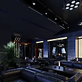 Modern Luxurious Bar Interior Design With Black Leather Sofas Plants And Pendant Lights 3d model