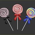 Three Vibrant Swirl Lollipops With Black Red Blue Bows And Shiny Surface On Dark Background