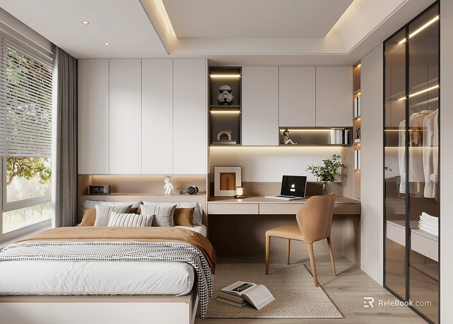 Modern Tatami Bedroom Interior Design With White Cabinets Desk Chair And Green Plant 3d model 