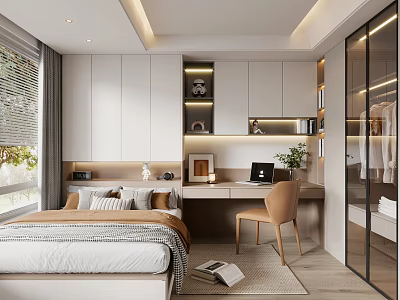 Modern Tatami Bedroom Interior Design With White Cabinets Desk Chair And Green Plant 3d model