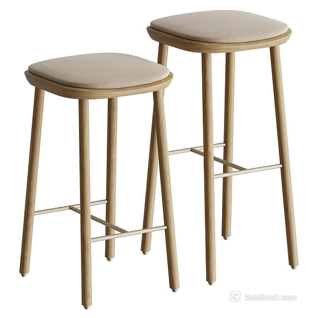 Modern Wooden Bar Stools With Beige Upholstered Seats And Metal Footrest 3d model 