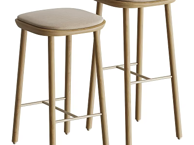 Modern Wooden Bar Stools With Beige Upholstered Seats And Metal Footrest 3d model