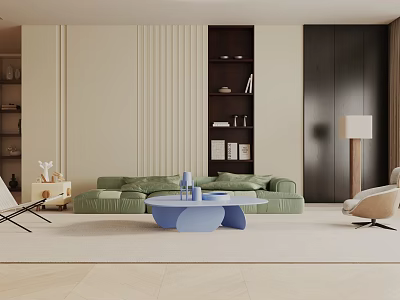 Modern Living Room Interior Design With Green Sofa Blue Coffee Table Bookshelf And Floor Lamp 3d model