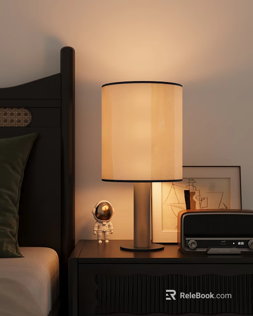Bedside Table In Bedroom Interior With Table Lamp Astronaut Figurine Radio And Picture Frame 3d model 