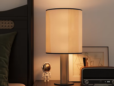 Bedside Table In Bedroom Interior With Table Lamp Astronaut Figurine Radio And Picture Frame 3d model