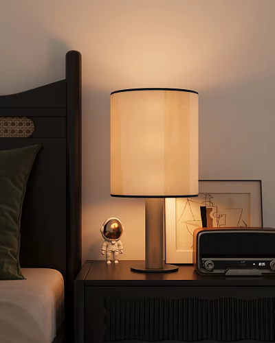 Bedside Table In Bedroom Interior With Table Lamp Astronaut Figurine Radio And Picture Frame 3d model