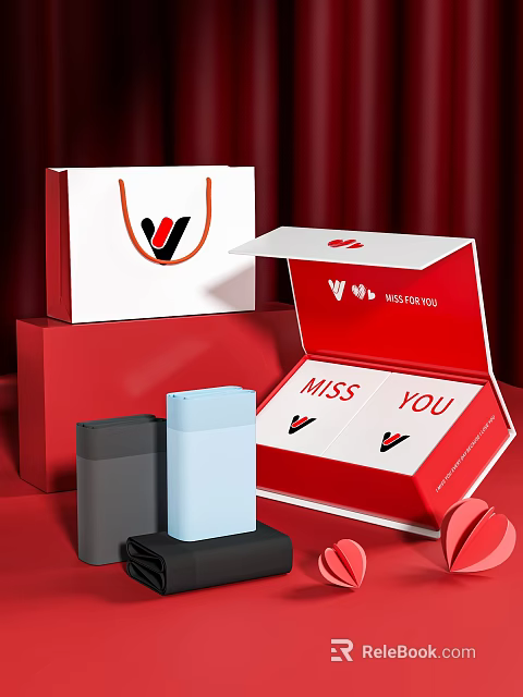 Red Shopping Bag With V Logo And Open Box Containing Miss You Power Banks 3d model 