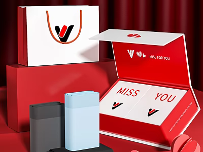 Red Shopping Bag With V Logo And Open Box Containing Miss You Power Banks 3d model