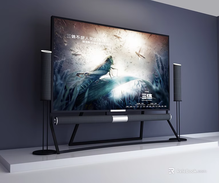 Modern TV Displaying Vivid Scene with Black Stand and Speakers on White Shelf 3d model 