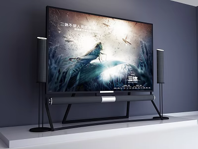 Modern TV Displaying Vivid Scene with Black Stand and Speakers on White Shelf 3d model