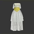 White Strapless Long Dress With Yellow Waist Detail And Tiered Skirt