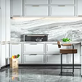 Modern White Kitchen Interior With Marble Backsplash Island Bar Stools And Appliances 3d model