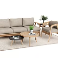 Modern Sofa Coffee Table Set With Wooden Frame Light Gray Cushions Round Table Potted Plant