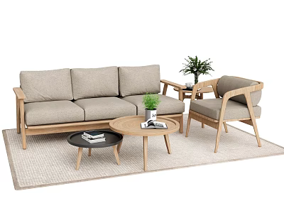 Modern Sofa Coffee Table Set With Wooden Frame Light Gray Cushions Round Table Potted Plant 3d model