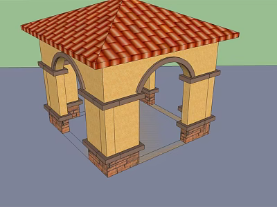 Outdoor Architectural Pavilion With Red Tiled Roof Yellow Pillars And Arches 3d model