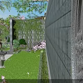 Serene Traditional Chinese Garden Landscape With Stone Wall Bamboo Lawn Stone Lantern And Purple Flowers
