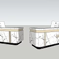 Modern Reception Desk With Marble Texture Gold Trim Mando Logo And Tablet Device
