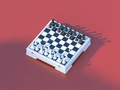 Chess Board Game With Black And White Squares And Chess Pieces On Red Background 3d model