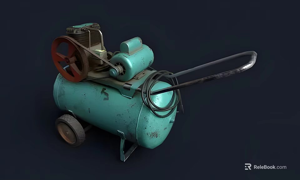 Vintage Industrial Air Compressor With Teal Tank Metal Wheels Motor Pulley And Attached Hose 3d model 