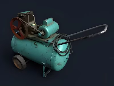 Vintage Industrial Air Compressor With Teal Tank Metal Wheels Motor Pulley And Attached Hose 3d model