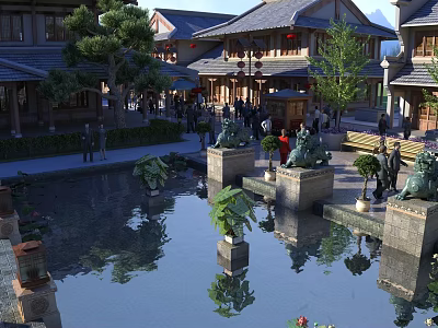 Ancient Chinese Architecture With Pond Reflections Stone Lion Statues And Traditional Roofs 3d model