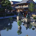 Ancient Chinese Architecture With Pond Reflections Stone Lion Statues And Traditional Roofs