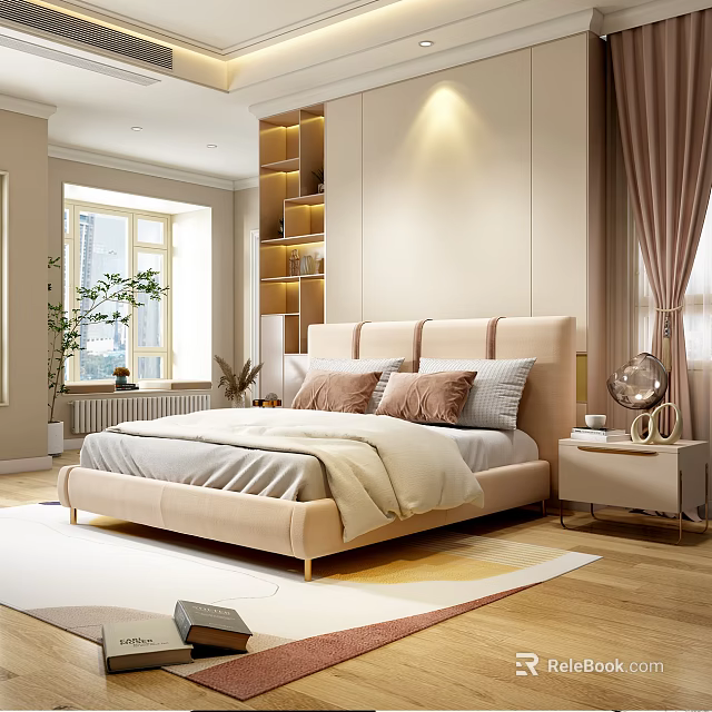 Modern Bedroom Interior With Bed in Background Pillows Nightstand Green Plant and Wooden Floor 3d model 