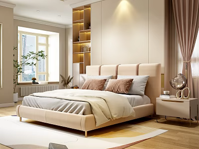 Modern Bedroom Interior With Bed in Background Pillows Nightstand Green Plant and Wooden Floor 3d model