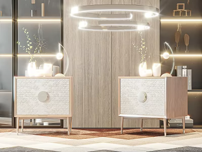 Modern Wooden Bedside Tables With Textured Fronts Vases Candles Lamp And Warm Lighting 3d model