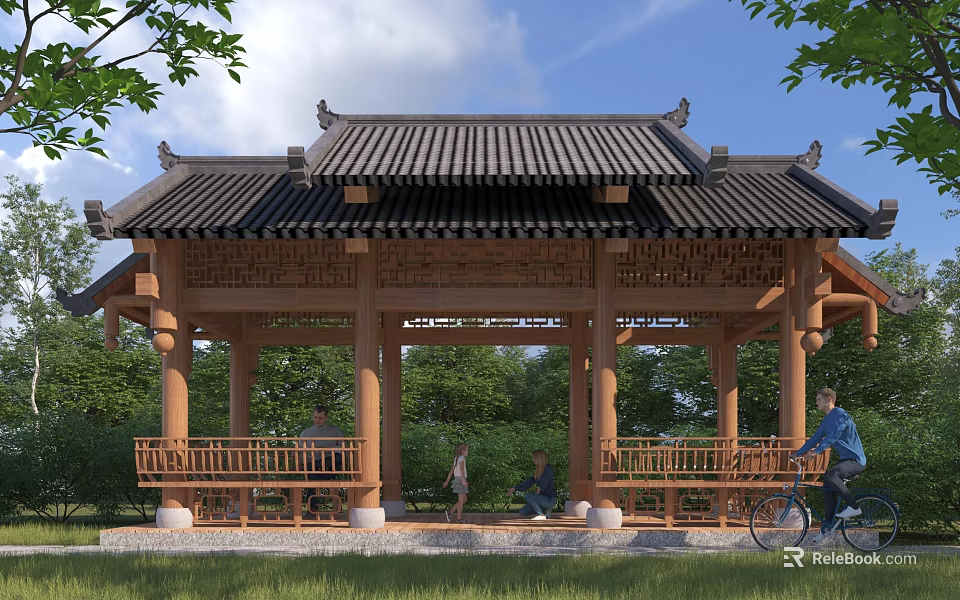 Traditional Chinese Garden Pavilion With Wooden Structure Tiled Roof Green Trees And Resting Benches 3d model 