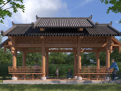 Traditional Chinese Garden Pavilion With Wooden Structure Tiled Roof Green Trees And Resting Benches 3d model