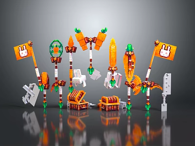 Lego Weapons Collection With Orange Green Design Flags And Treasure Chests 3d model