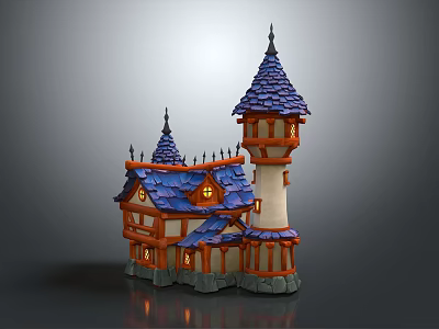 Fairy Tale Cartoon Style Castle Scene With Blue Roofs Spires Lit Windows And Stone Base 3d model