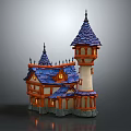 Fairy Tale Cartoon Style Castle Scene With Blue Roofs Spires Lit Windows And Stone Base