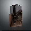 Vintage Leather Flask With Silver Metal Body Decorative Clock Face And Rivet Accents