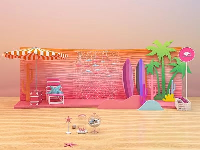 Commercial Beach Event Equipment With Striped Umbrella Lounger Surfboard And Palm Trees 3d model