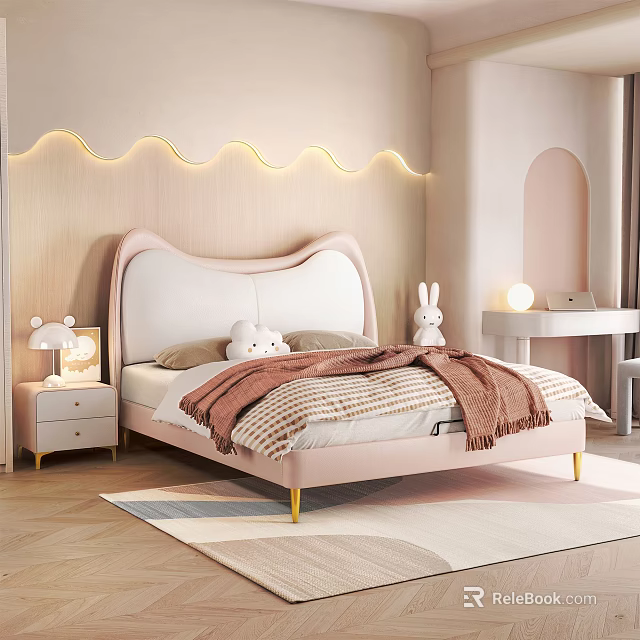 Double Bed with Pink Wave Design Headboard Lit Back Wall Rabbit Toy Nightstand and Desk 3d model 