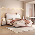 Double Bed with Pink Wave Design Headboard Lit Back Wall Rabbit Toy Nightstand and Desk