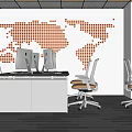 Modern Office Desk Setup in Professional Workspace with Computers and World Map Wall Decor 3d model