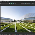 Modern Stadium Building With Curved Roof Glass Facade Green Lawn Trees And Outdoor People