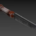 Detailed Combat Weapon With Metal Blade Red Worn Handle And Tactical Design