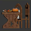 Rustic Wooden Dining Table With Two Chairs Cheese Fruits Cake And Dishes On Top