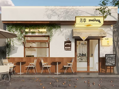 Storefront with White Wall Green Vines Outdoor Seating and Blackboard Menu Signboard 3d model