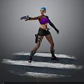 Blue Haired Character In Purple Top Black Skirt Holding Gun On Circular White Striped Platform