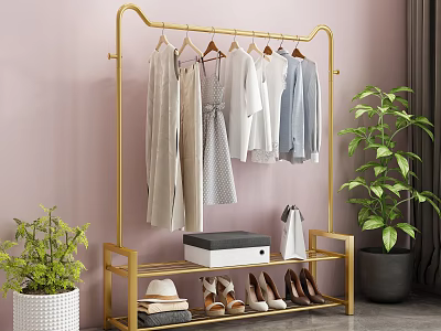 Golden Clothes Rack With Hanging Clothes Shoes Hats Storage Box Green Plants And Pink Wall 3d model