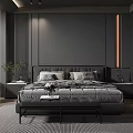 Modern Dark Bedroom Interior With Large Bed Nightstands Armchair And Lighting Strips